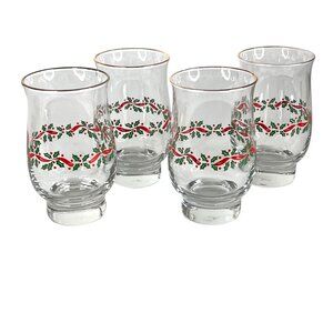 4 Libbey Christmas Holly Berry Glass Red Ribbon Tumbler Tulip Gold Rim 14 OZ VTG